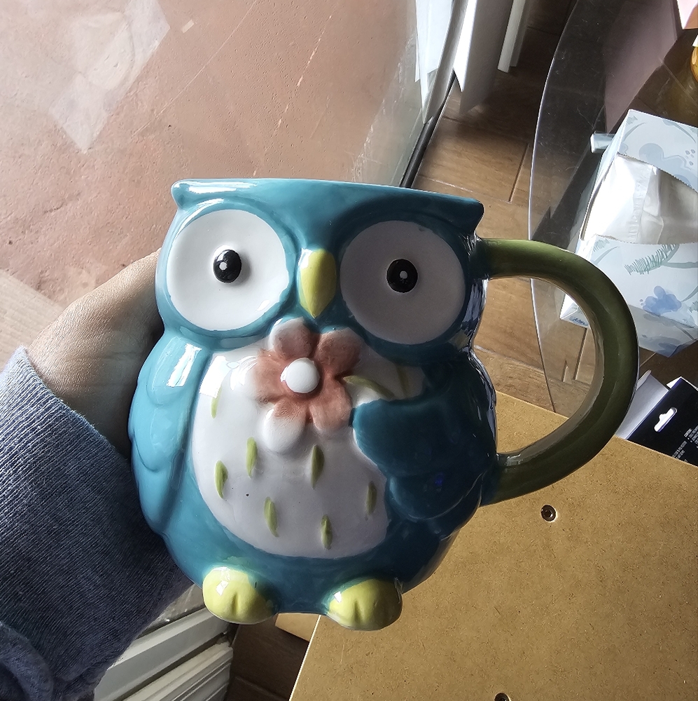 Hand painted Blue and Green 3D Owl Ceramic Mug Coffee Cup